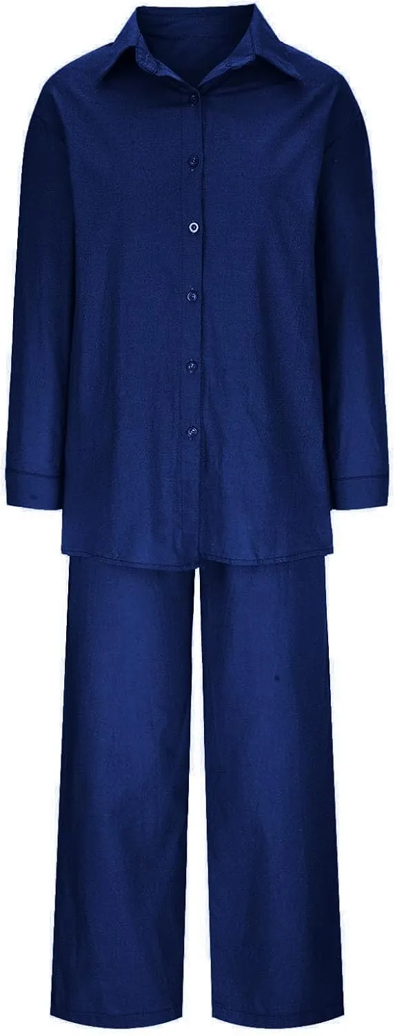 2 Piece Sets for Women Summer Long Sleeve Shirts & Wide Leg Trousers Loose Fit Dressy Cotton Linen Sets Outfits 2025