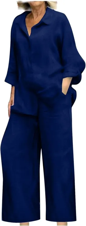 2 Piece Sets for Women Summer Long Sleeve Shirts & Wide Leg Trousers Loose Fit Dressy Cotton Linen Sets Outfits 2025