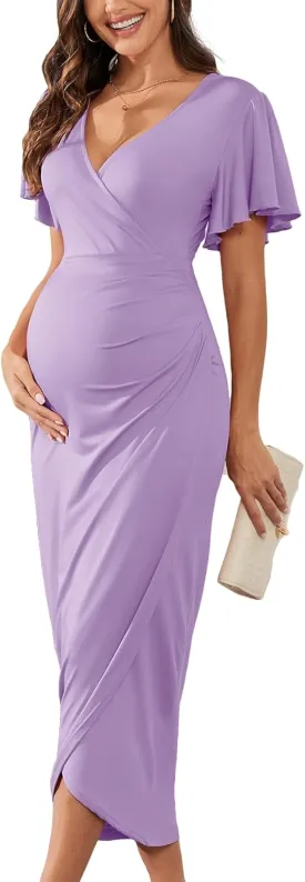 2025 Womens Maternity Wrap Dress V Neck Ruffle Sleeves Semi Formal Baby Shower Photoshoot Party Cocktail Pregnancy