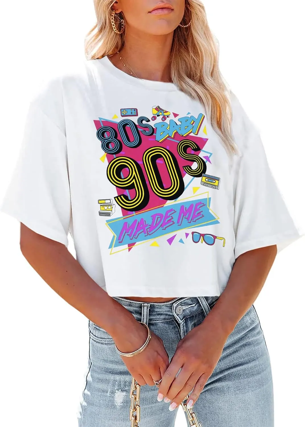 80s Baby 90s Made Me Shirt Womens Vintage 90s Crop Tops 80s Graphic T-Shirt Party Gift Casual Tees