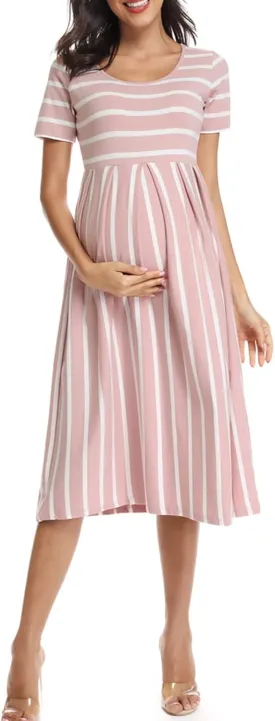 BBHoping Womens Casual Striped Maternity Dress Short Knee Length Pregnancy Clothes for Baby Shower