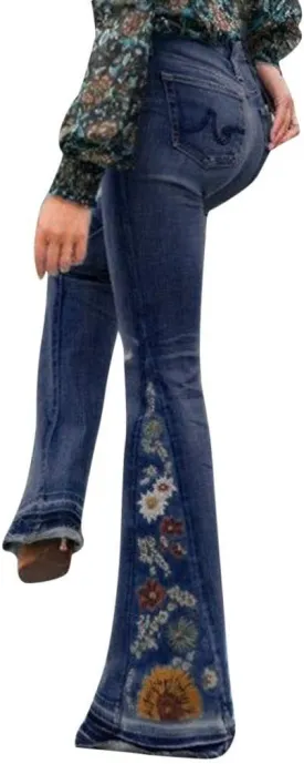 Bell Bottom Jeans Floral Embroidered Jeans Women Stretch Flare Jean Plus Size Bell-Bottoms Y2k Wide Leg Denim Pants