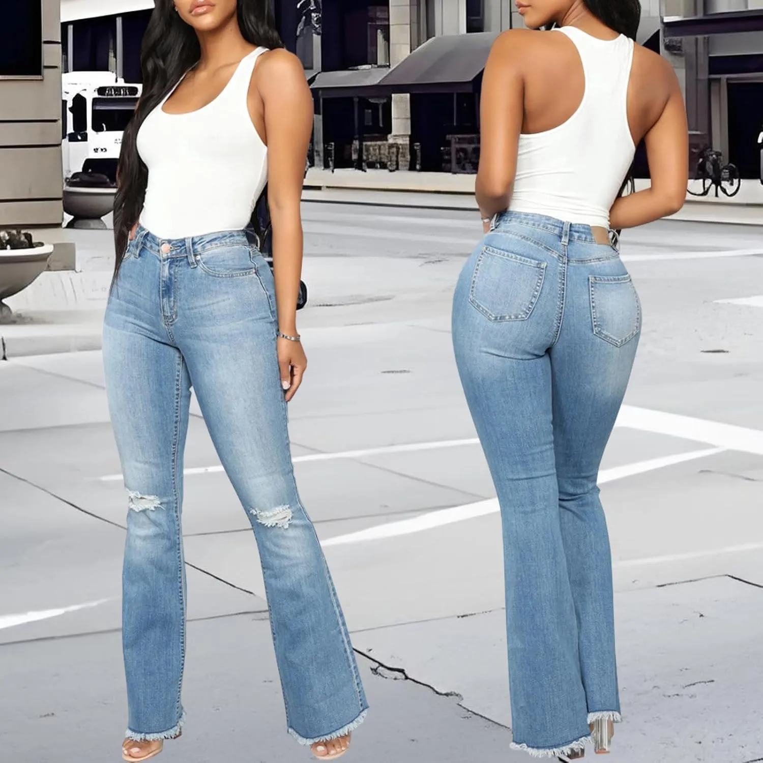 Bell Bottom Jeans for Women Skinny Flared Jeans Elastic High Waisted Vintage 70s Classic Stretchy Wide Leg Denim Pants