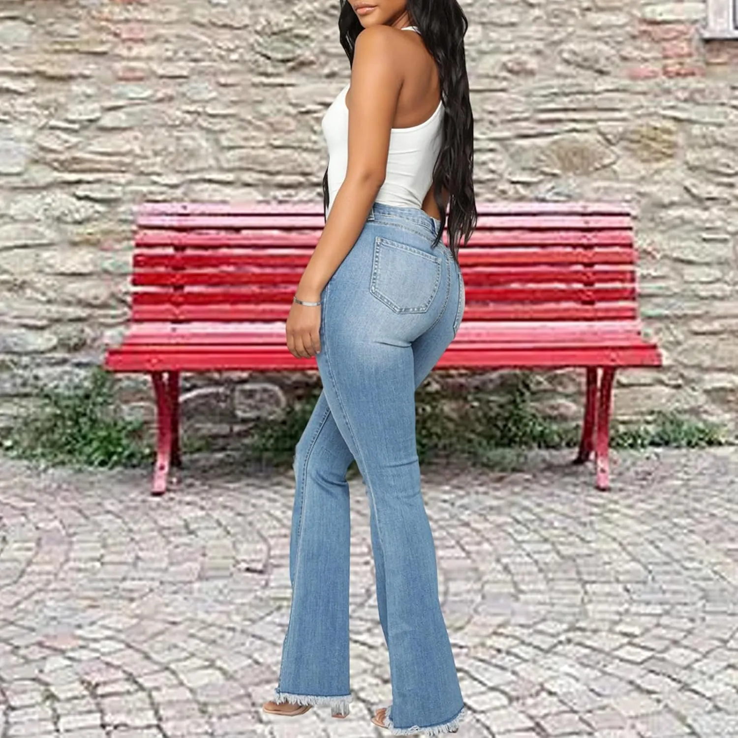 Bell Bottom Jeans for Women Skinny Flared Jeans Elastic High Waisted Vintage 70s Classic Stretchy Wide Leg Denim Pants