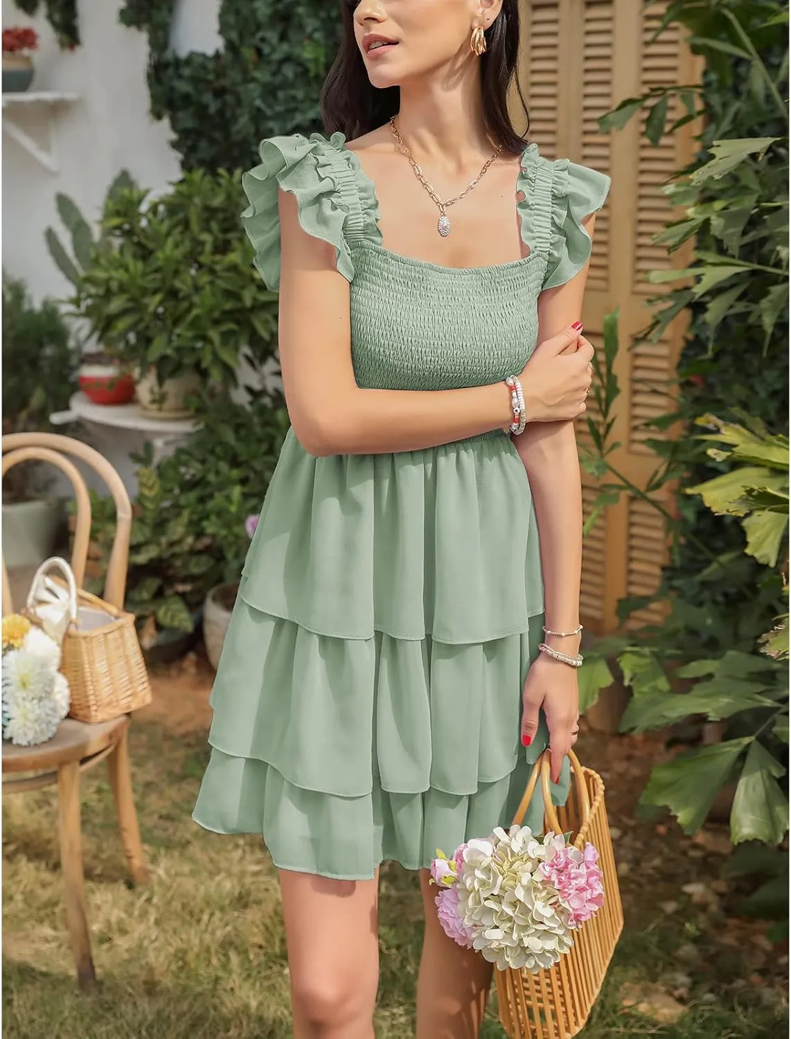 Byinns Womens Square Neck Sleeveless Ruffle Dress High Waist Backless Tiered Smocked Strappy Casual Short Mini Dresses