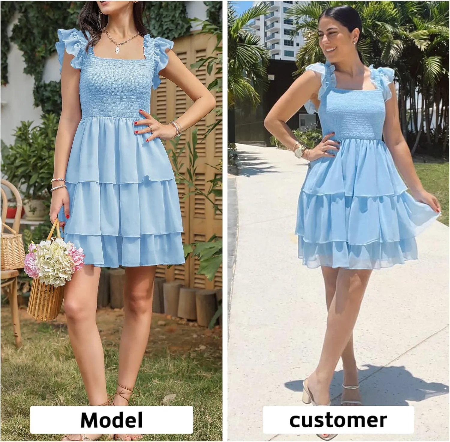 Byinns Womens Square Neck Sleeveless Ruffle Dress High Waist Backless Tiered Smocked Strappy Casual Short Mini Dresses
