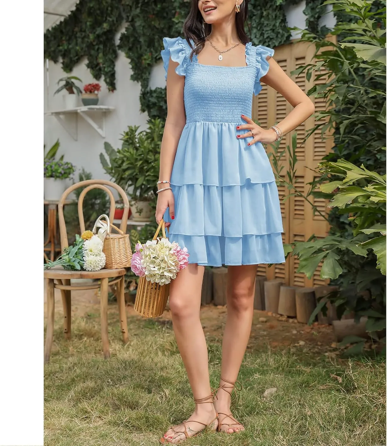 Byinns Womens Square Neck Sleeveless Ruffle Dress High Waist Backless Tiered Smocked Strappy Casual Short Mini Dresses