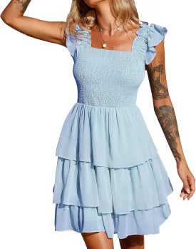 Byinns Womens Square Neck Sleeveless Ruffle Dress High Waist Backless Tiered Smocked Strappy Casual Short Mini Dresses