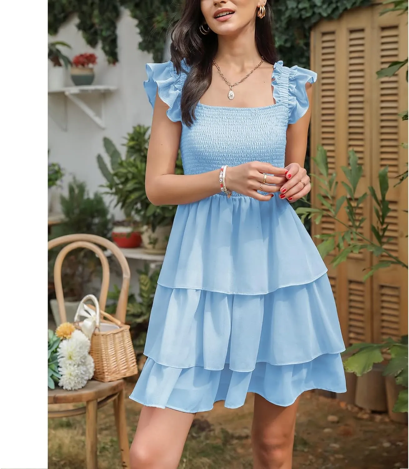 Byinns Womens Square Neck Sleeveless Ruffle Dress High Waist Backless Tiered Smocked Strappy Casual Short Mini Dresses