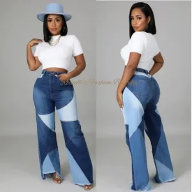 COLOR BLOCK WIDE LEG DENIM JEANS