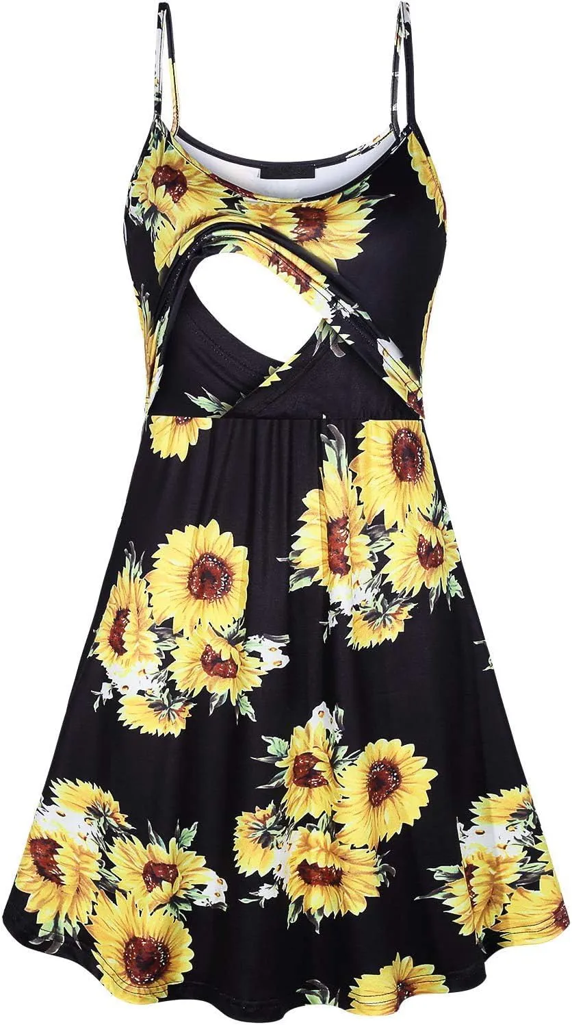 connche Floral Maternity Summer Dress Spaghetti Strap Nursing Breastfeeding