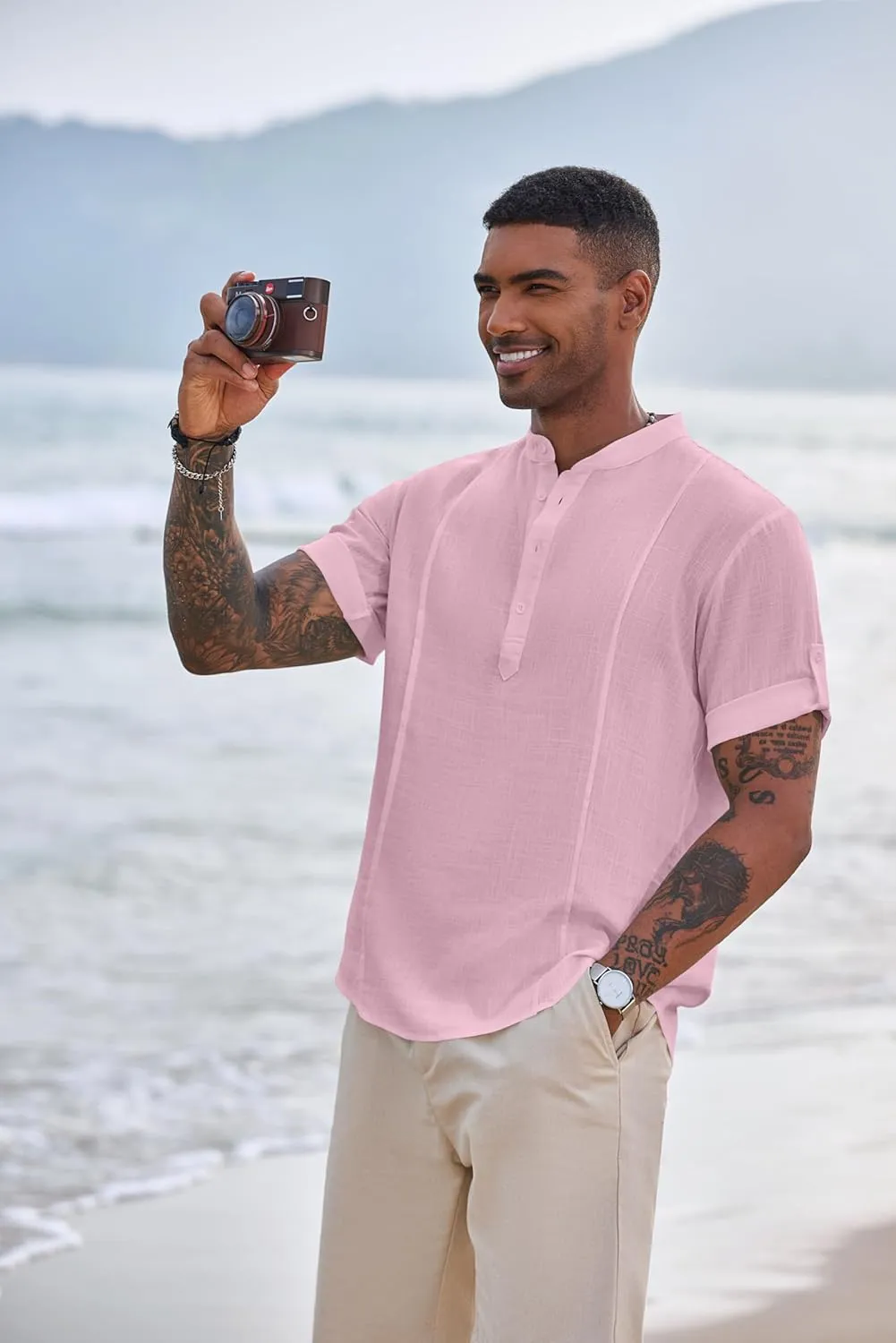 COOFANDY Men's Henley T-Shirts Short Sleeve Casual Button Henley Shirts Band Collar Tee Summer Beach Hippie Shirts