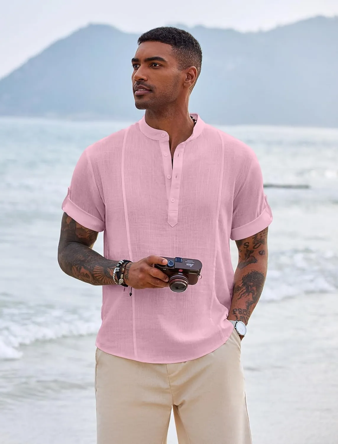 COOFANDY Men's Henley T-Shirts Short Sleeve Casual Button Henley Shirts Band Collar Tee Summer Beach Hippie Shirts