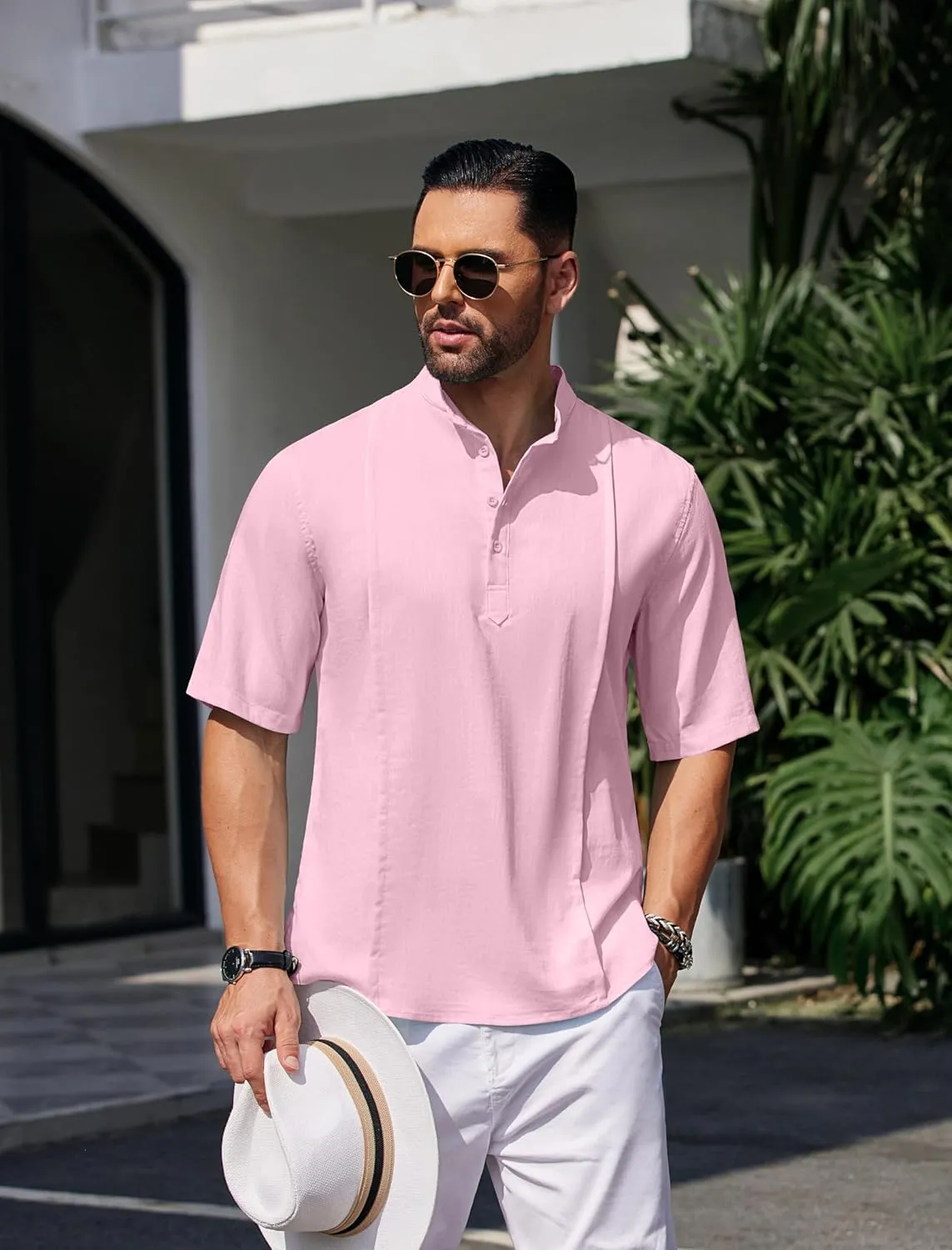 COOFANDY Men's Henley T-Shirts Short Sleeve Casual Button Henley Shirts Band Collar Tee Summer Beach Hippie Shirts