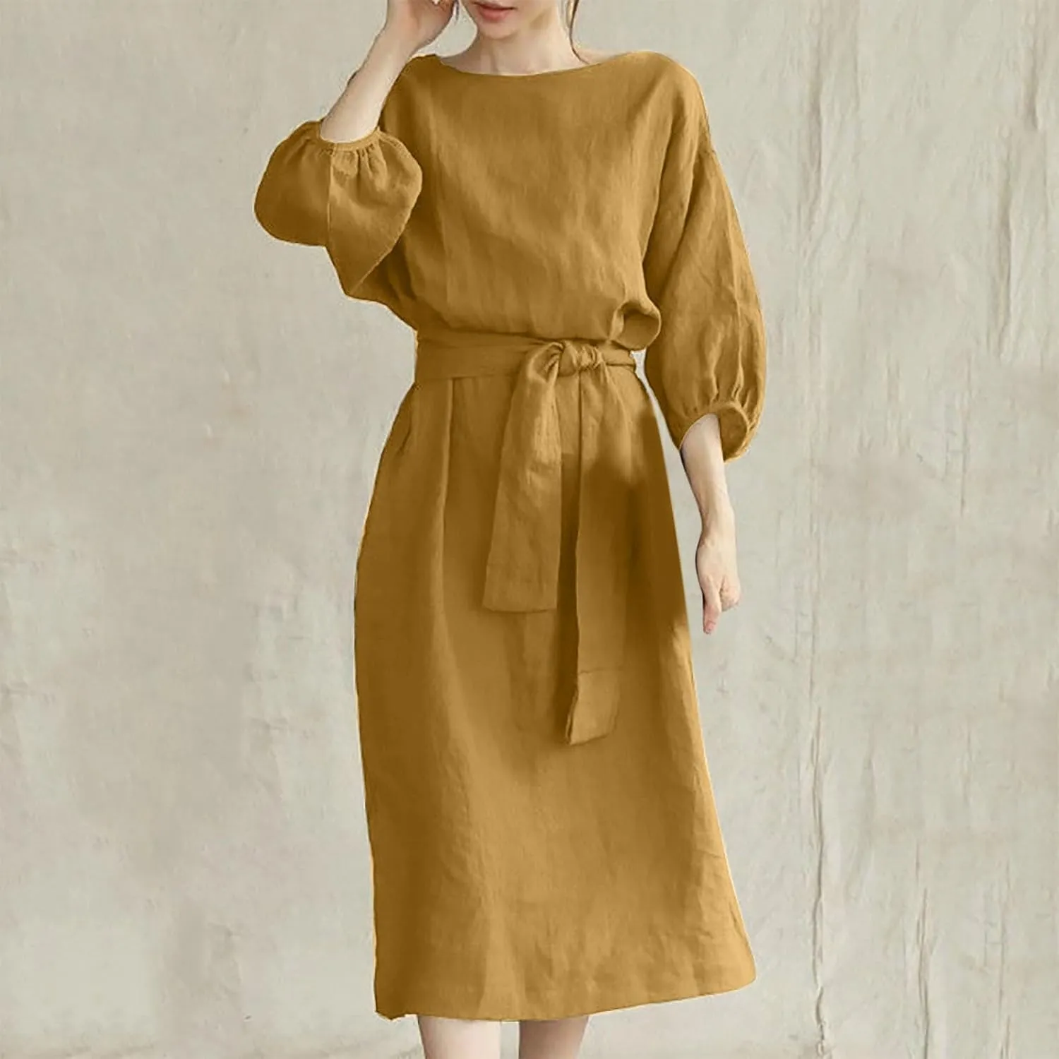 Cotton Linen Dresses for Women 2025 Casual Solid Color Work Dress Long Sleeve Tie Waist Knee Length Dress Boho Clothes