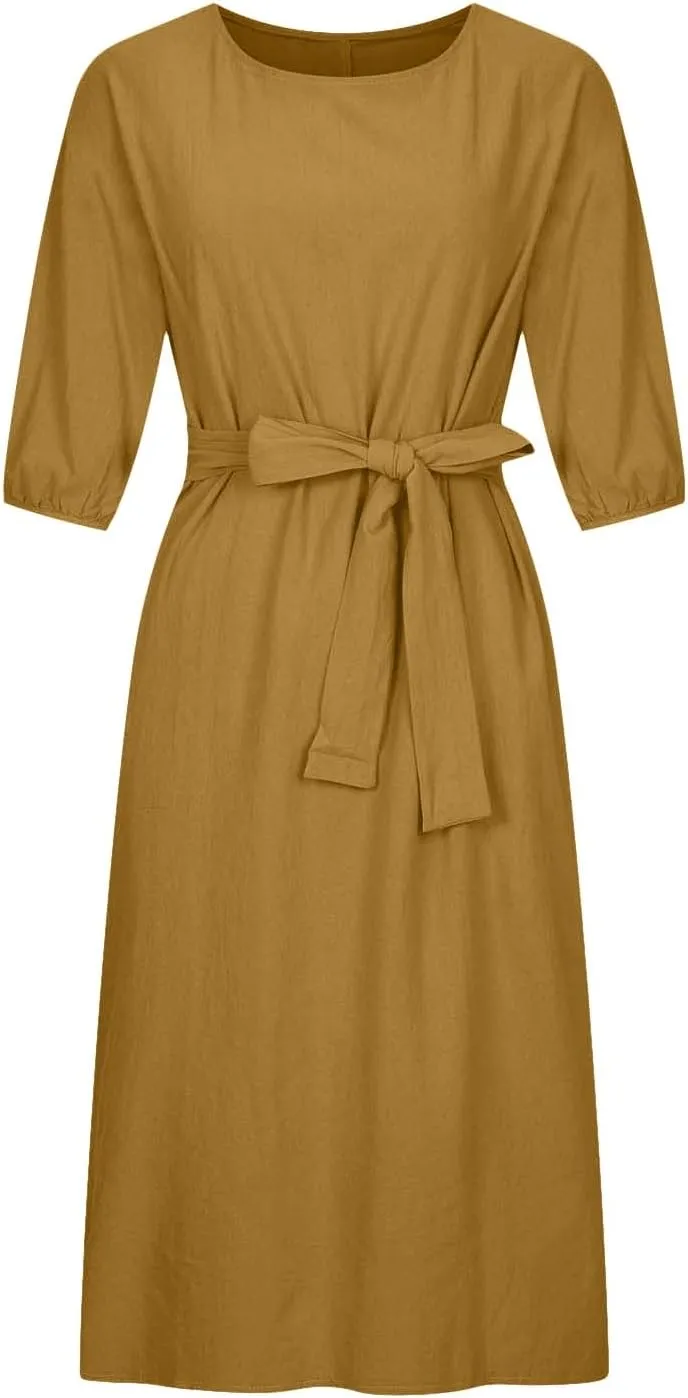 Cotton Linen Dresses for Women 2025 Casual Solid Color Work Dress Long Sleeve Tie Waist Knee Length Dress Boho Clothes