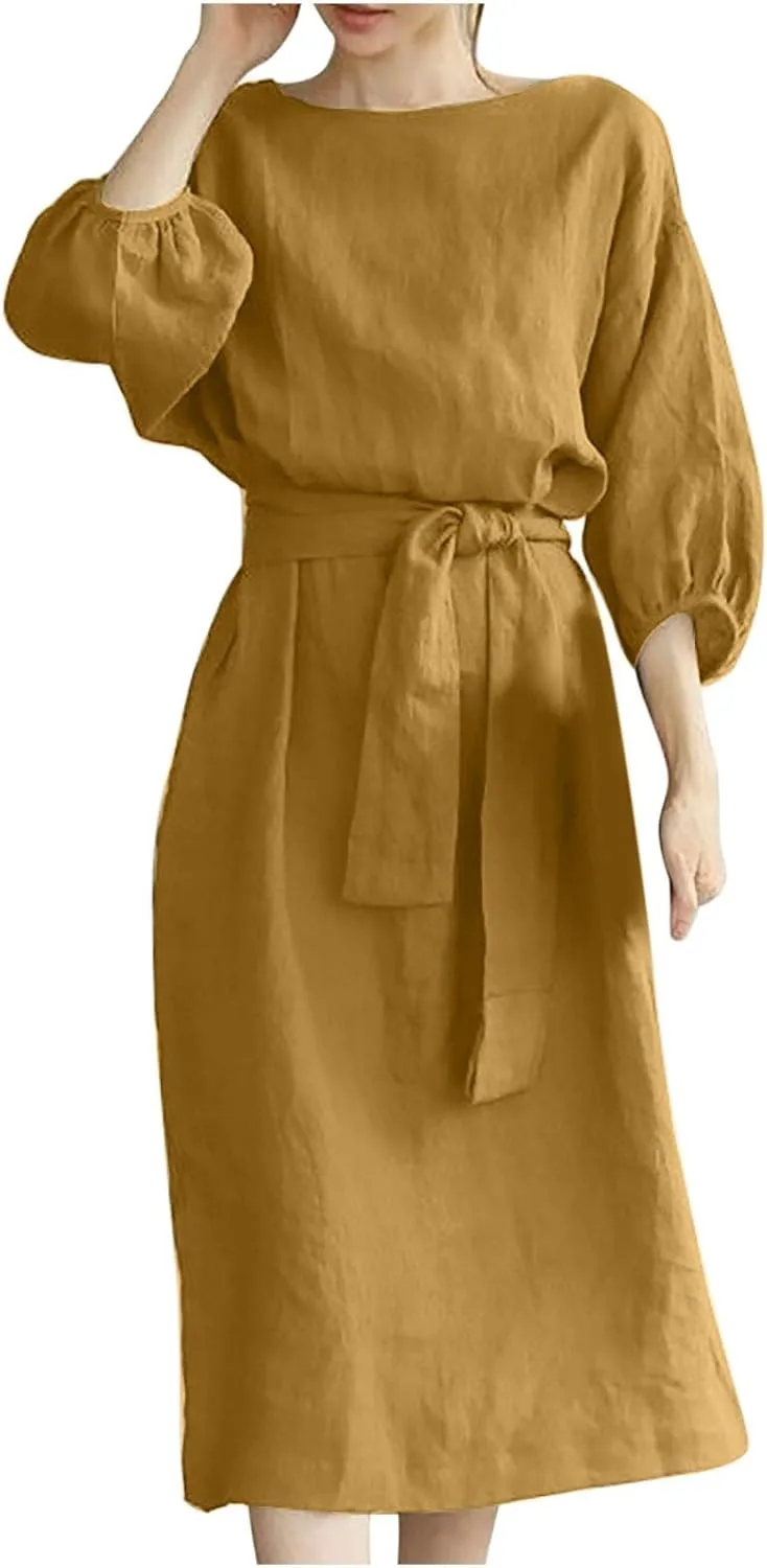 Cotton Linen Dresses for Women 2025 Casual Solid Color Work Dress Long Sleeve Tie Waist Knee Length Dress Boho Clothes