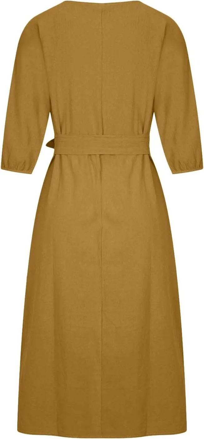 Cotton Linen Dresses for Women 2025 Casual Solid Color Work Dress Long Sleeve Tie Waist Knee Length Dress Boho Clothes