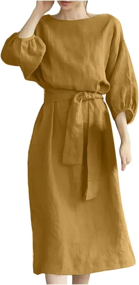 Cotton Linen Dresses for Women 2025 Casual Solid Color Work Dress Long Sleeve Tie Waist Knee Length Dress Boho Clothes