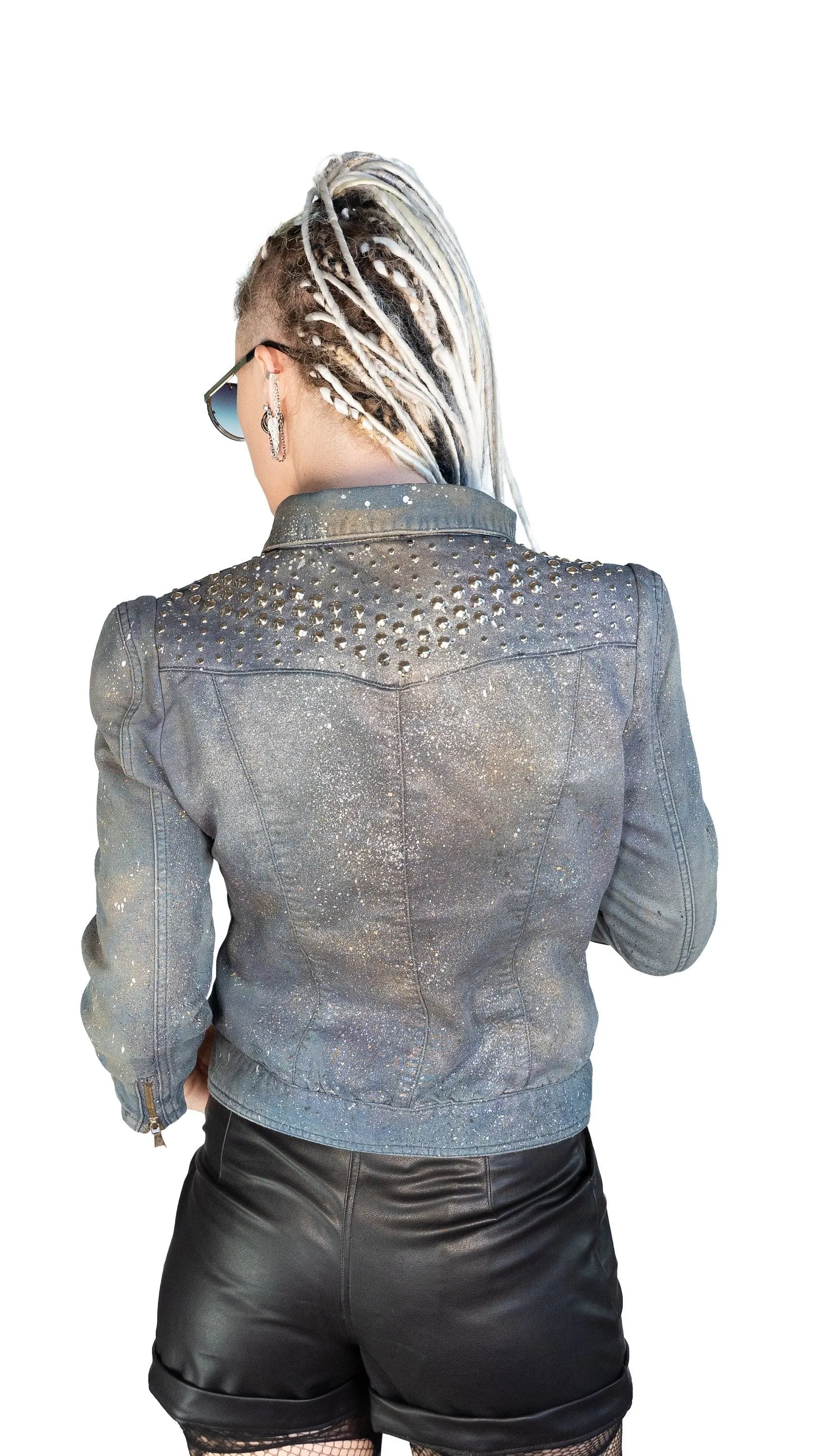 Dark space hand painted studded denim jacket | Size M