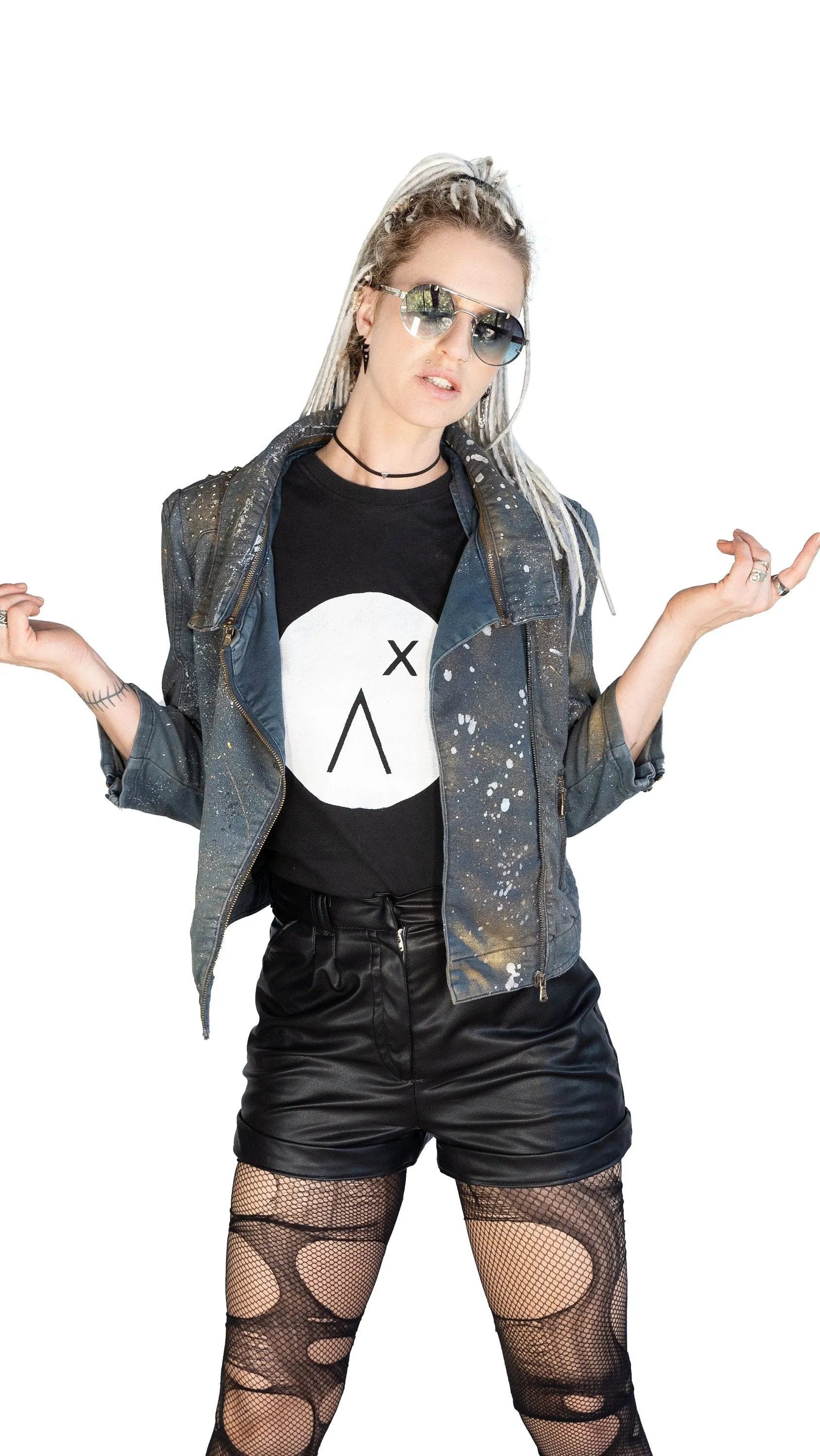 Dark space hand painted studded denim jacket | Size M