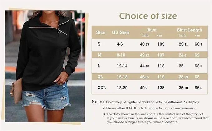 Ebifin Womens Zipper Sweatshirts Turtleneck Long Sleeve Pullovers Casual Loose Top T Shirts