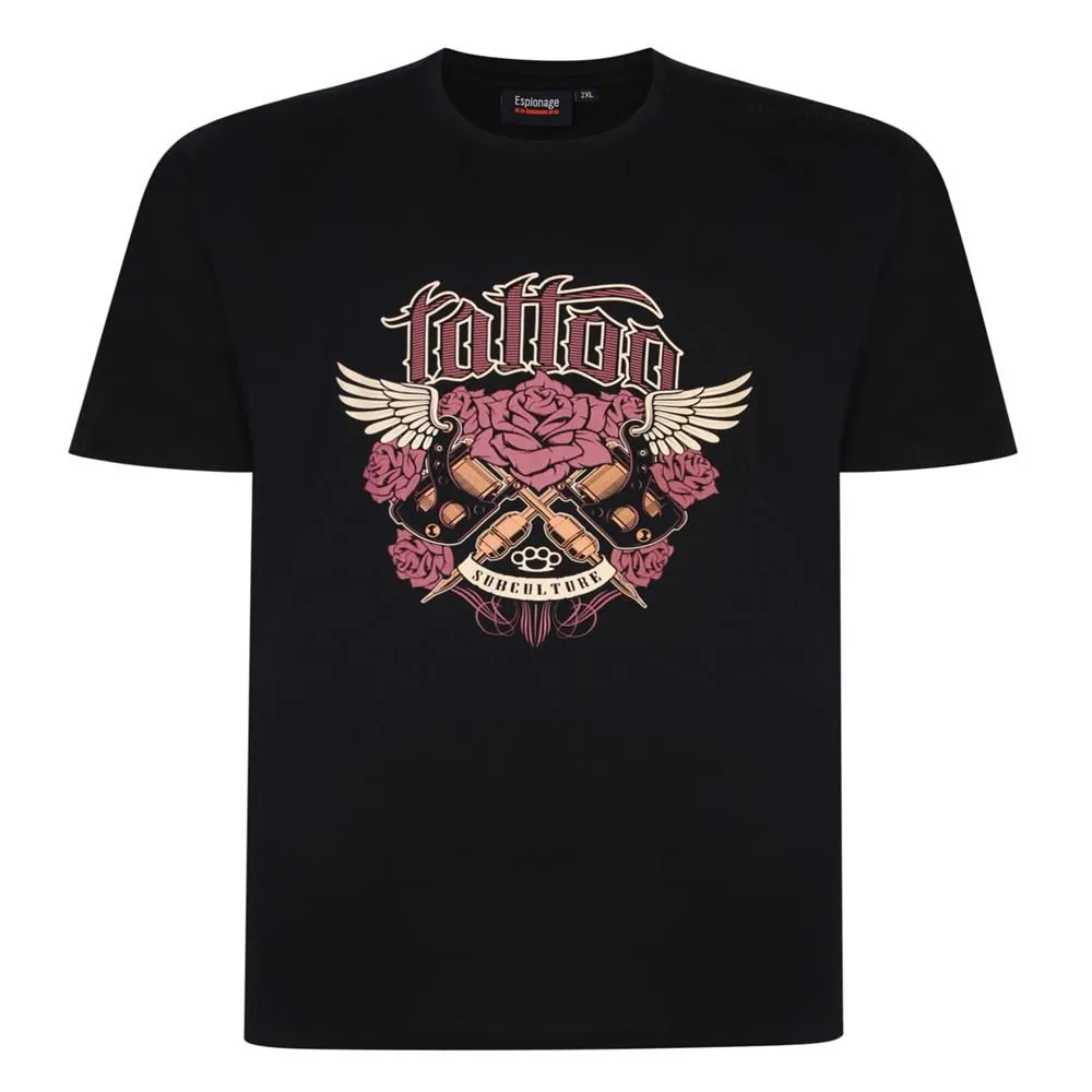 Espionage Mens Big Size Short Sleeve Tattoo Print Tee (T352) Size 2XL-8XL, Black