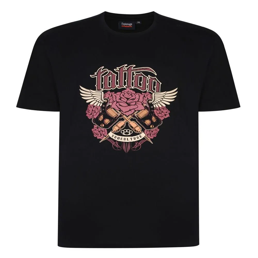 Espionage Mens Big Size Short Sleeve Tattoo Print Tee (T352) Size 2XL-8XL, Black