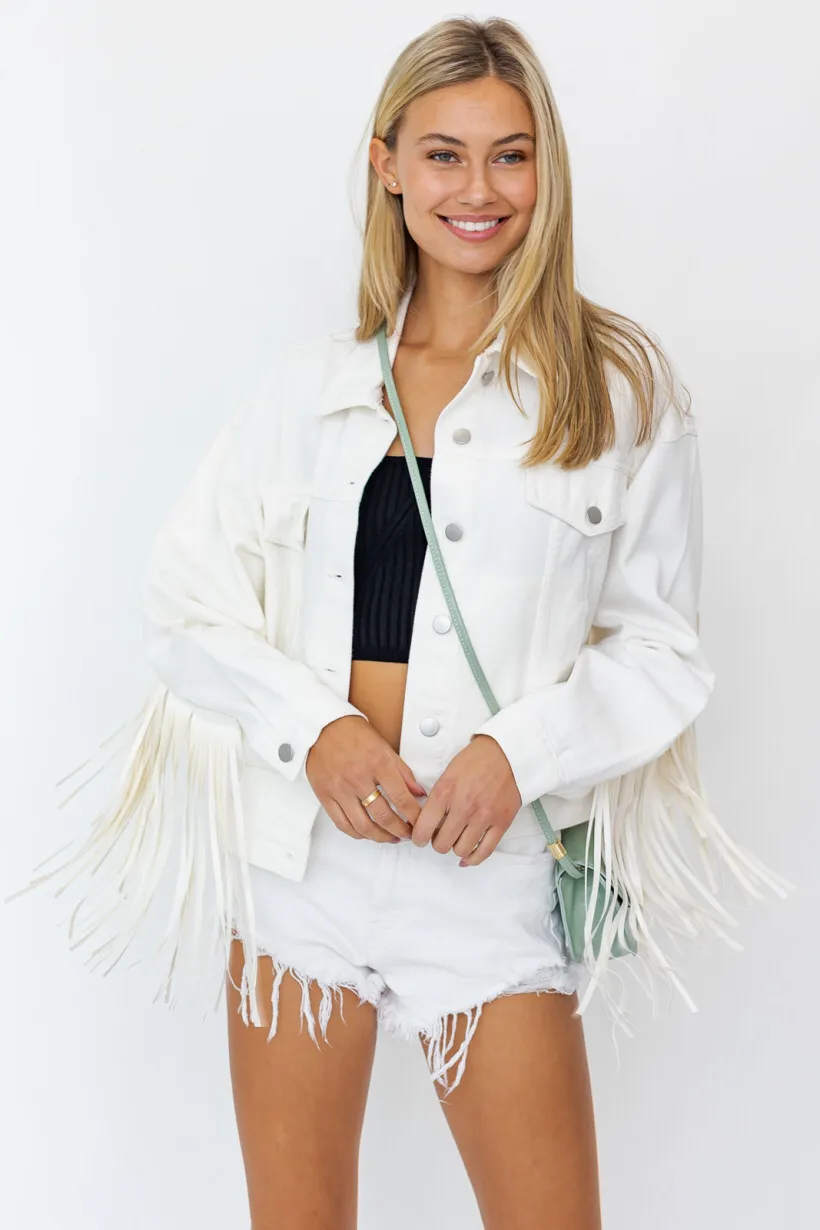 Faux Leather Fringe White Denim Jacket