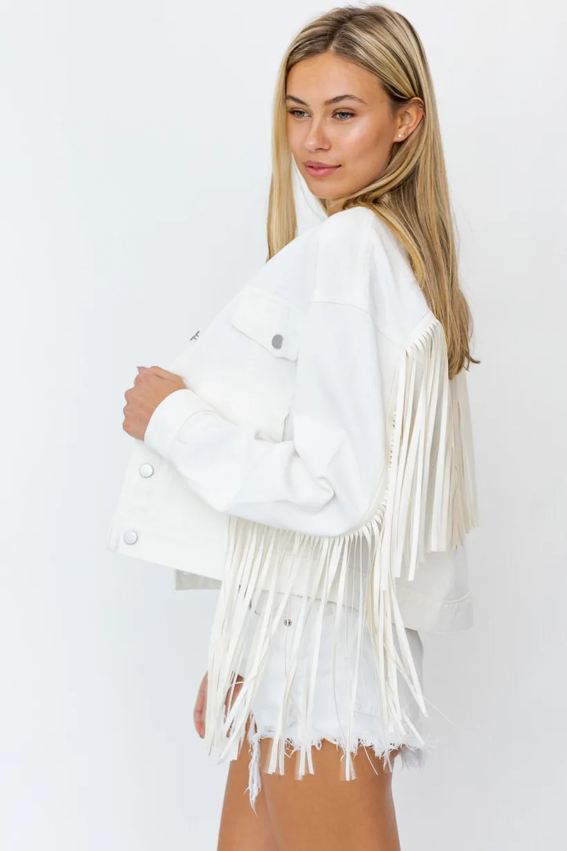Faux Leather Fringe White Denim Jacket