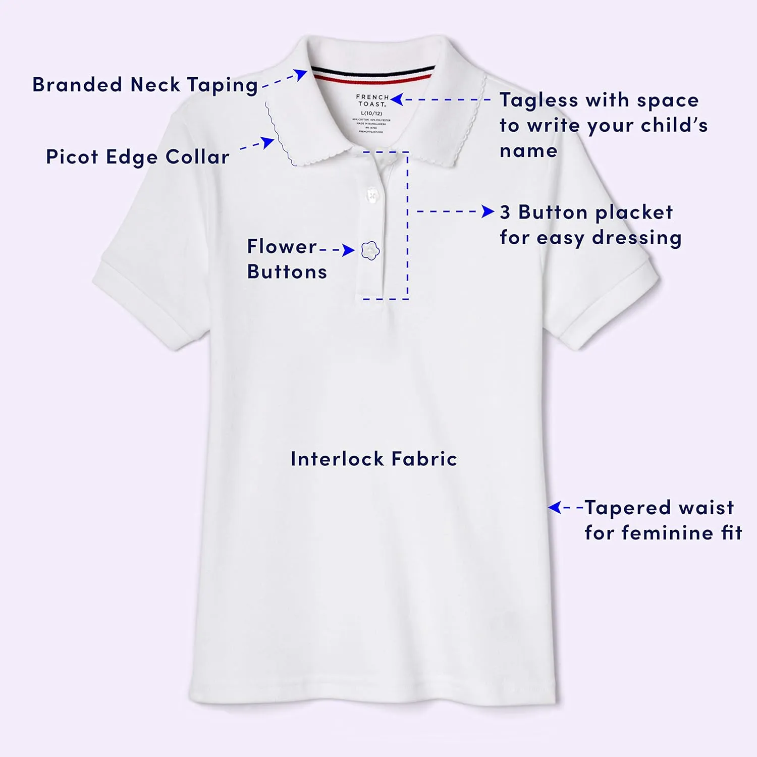 French Toast Girls' Short Sleeve Picot Collar Polo School Uniform Shirt (Standard and Plus)