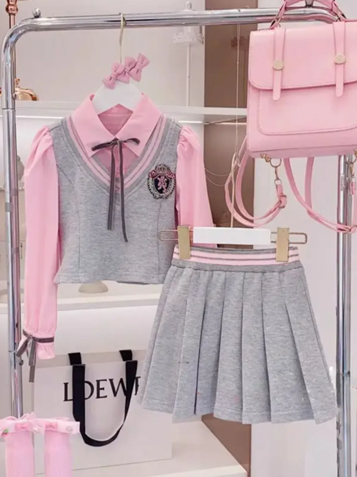 Girls' Elegant Pink and Grey School Uniform Set