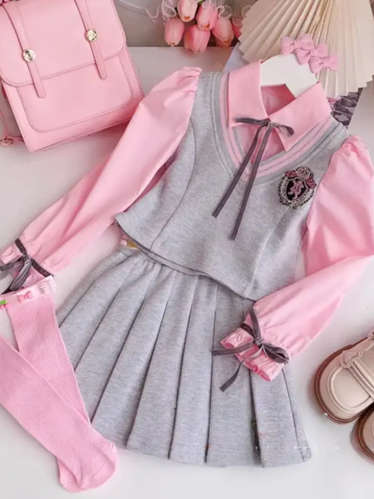 Girls' Elegant Pink and Grey School Uniform Set