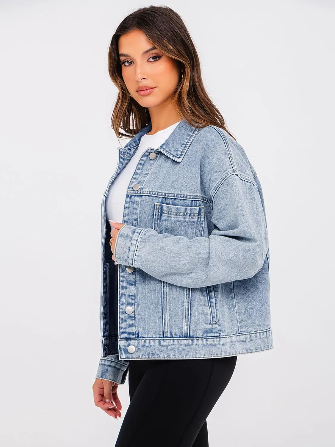 Glamaker Womens Oversized Jean Jacket Casual Long Sleeve Button Down Denim Jacket Fall Coat