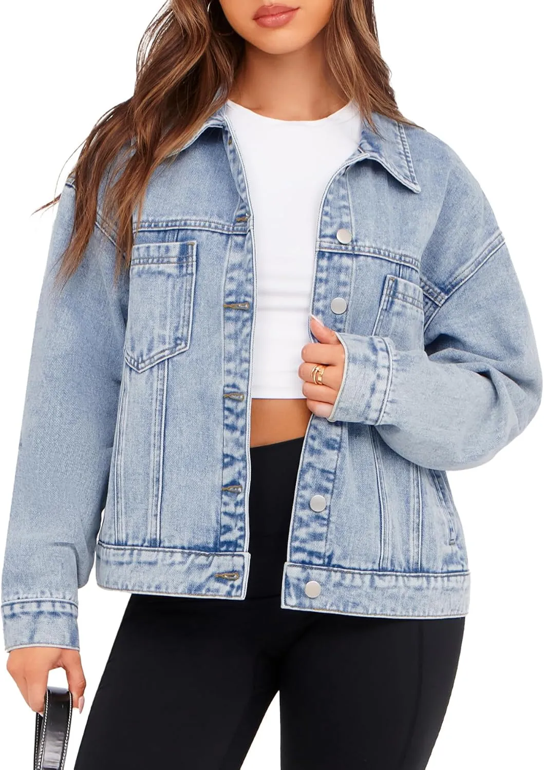 Glamaker Womens Oversized Jean Jacket Casual Long Sleeve Button Down Denim Jacket Fall Coat