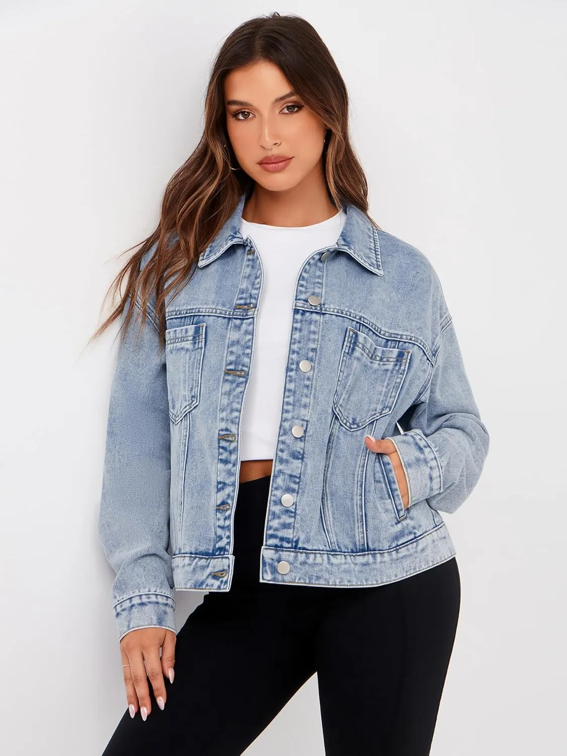 Glamaker Womens Oversized Jean Jacket Casual Long Sleeve Button Down Denim Jacket Fall Coat