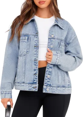 Glamaker Womens Oversized Jean Jacket Casual Long Sleeve Button Down Denim Jacket Fall Coat