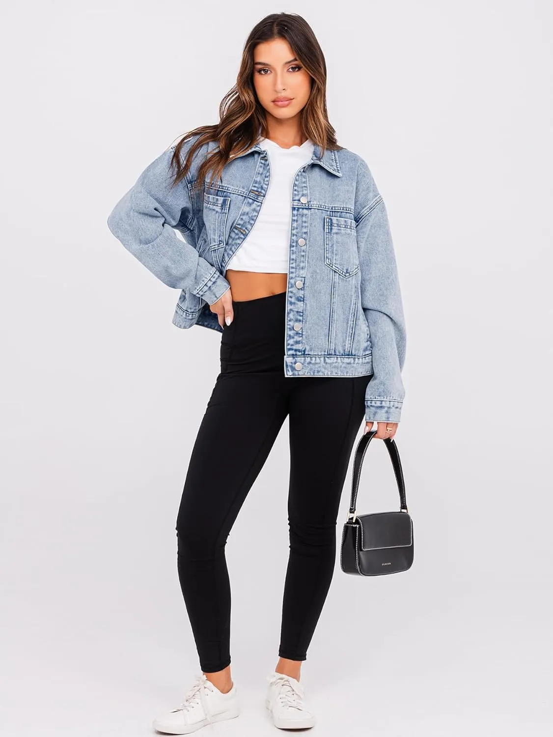 Glamaker Womens Oversized Jean Jacket Casual Long Sleeve Button Down Denim Jacket Fall Coat
