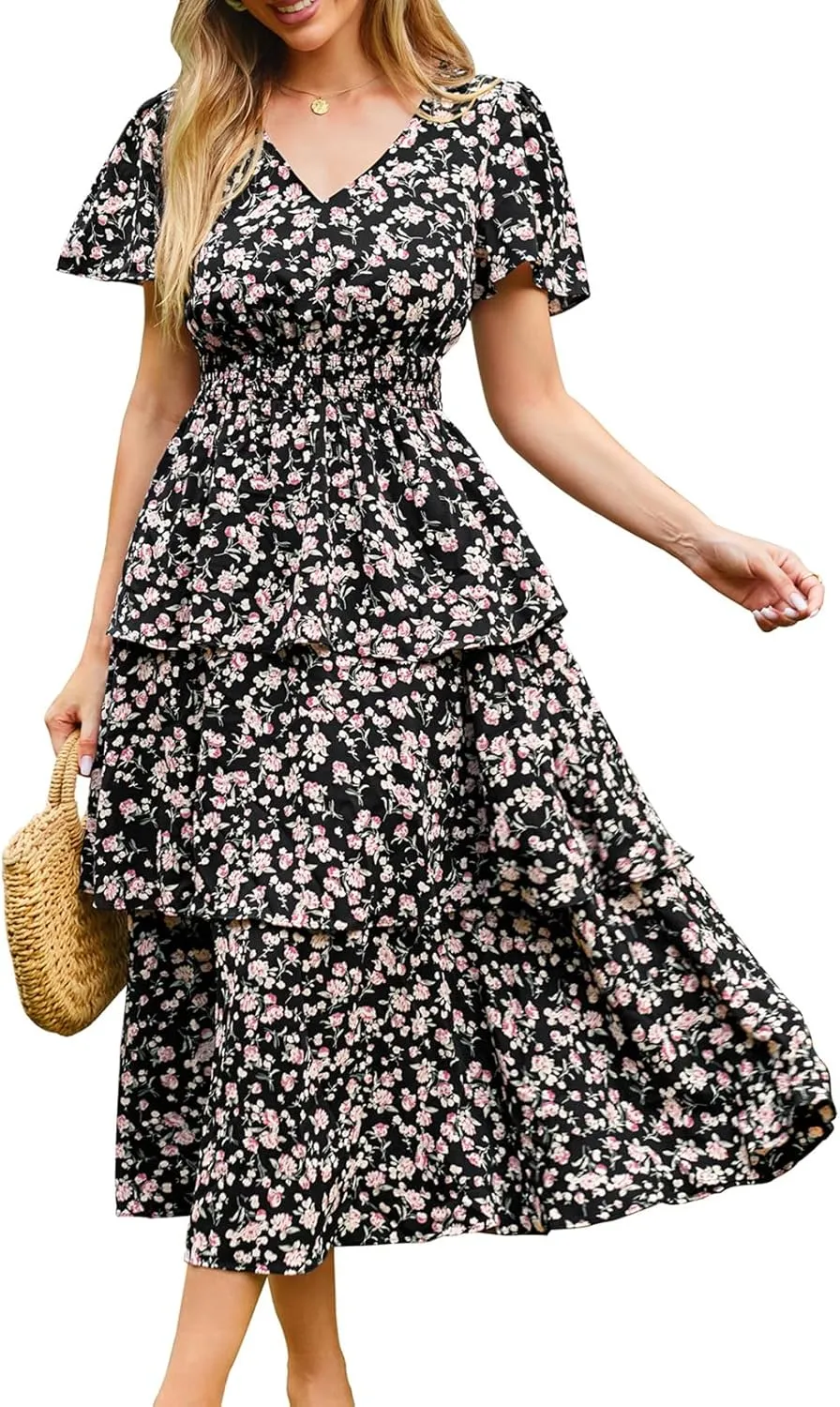 GRACE KARIN Women's 2025 Floral Summer Long Midi Dress V Neck Short Sleeve Ruffle Tiered Layered Boho Swing Dresses