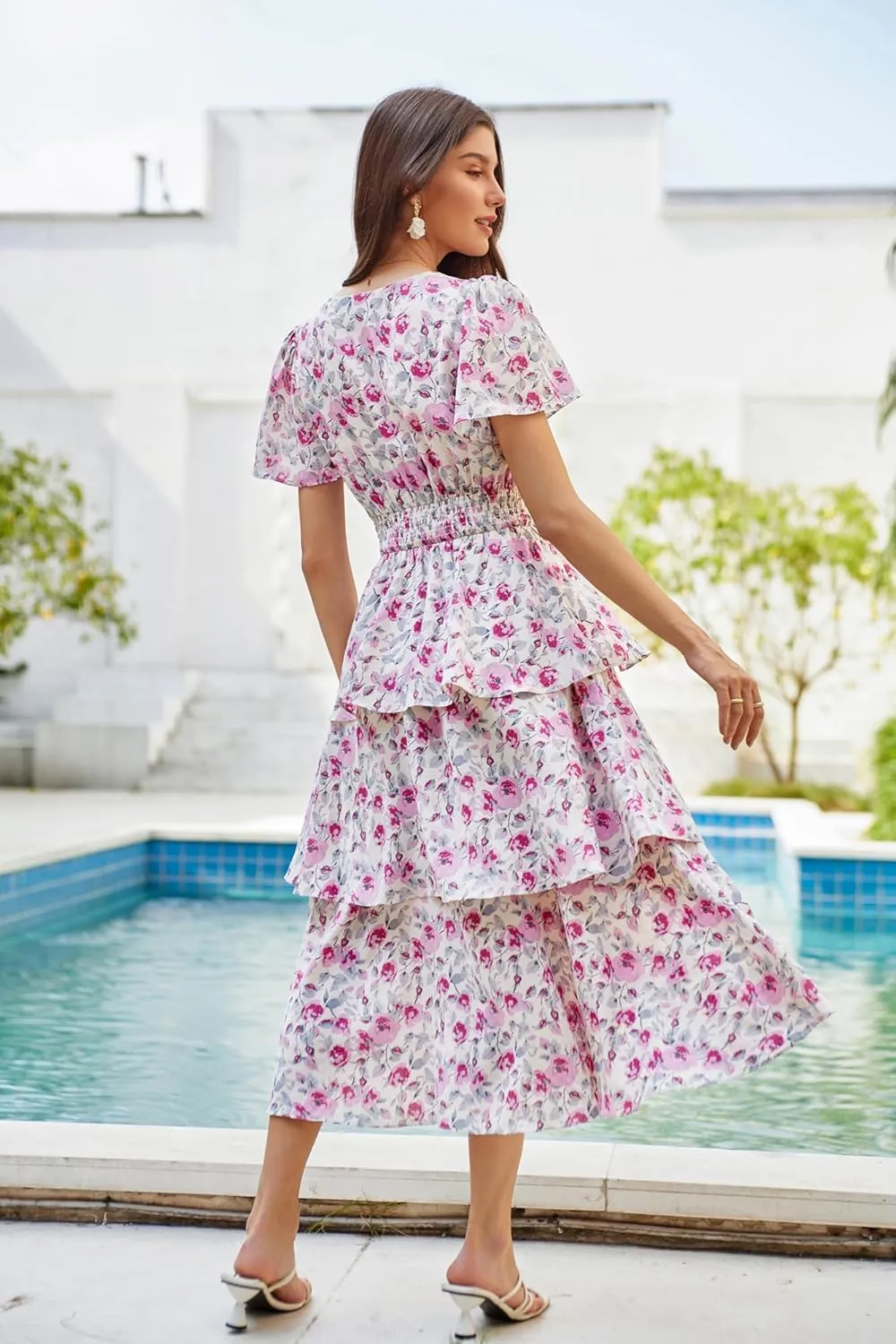 GRACE KARIN Women's 2025 Floral Summer Long Midi Dress V Neck Short Sleeve Ruffle Tiered Layered Boho Swing Dresses