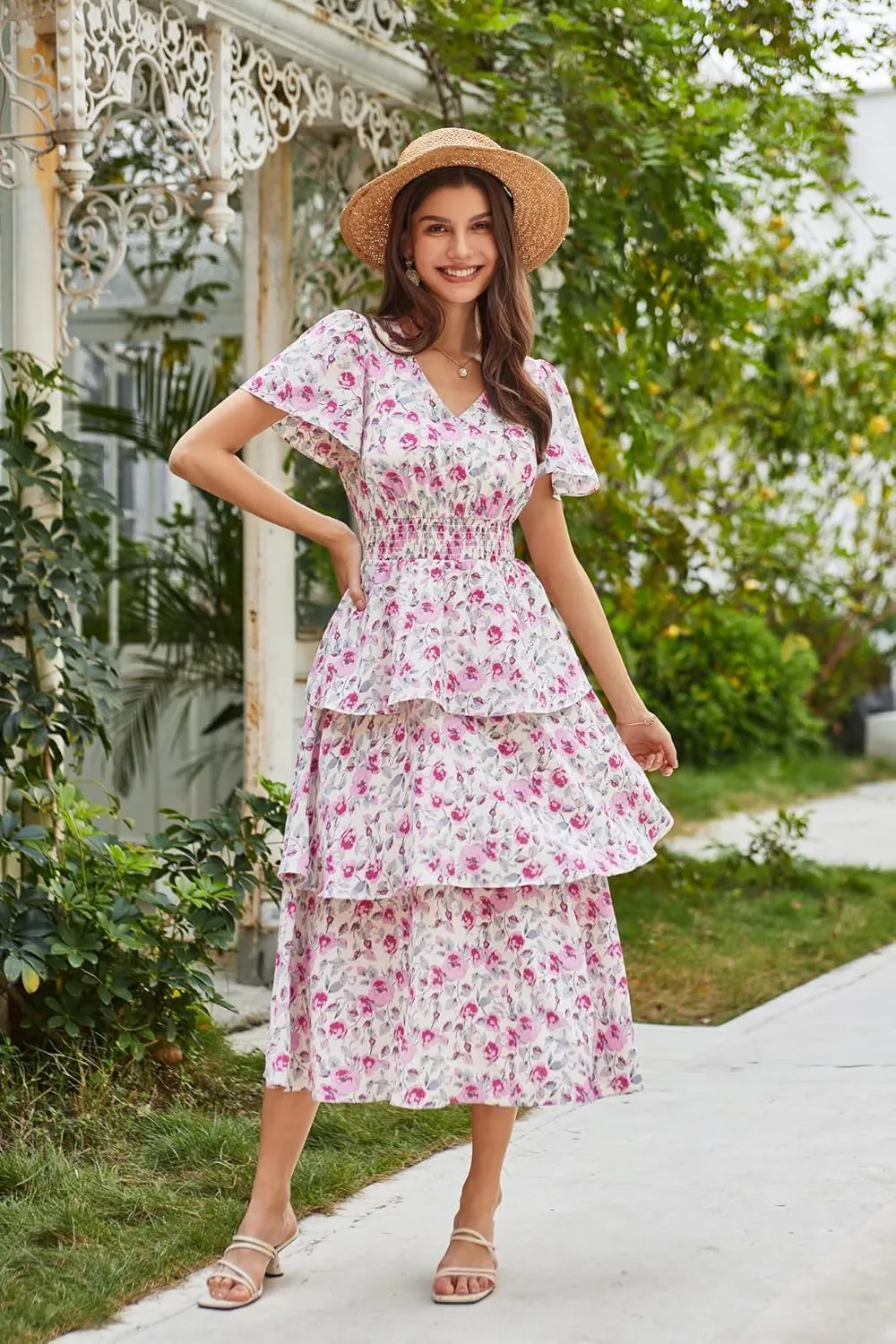 GRACE KARIN Women's 2025 Floral Summer Long Midi Dress V Neck Short Sleeve Ruffle Tiered Layered Boho Swing Dresses