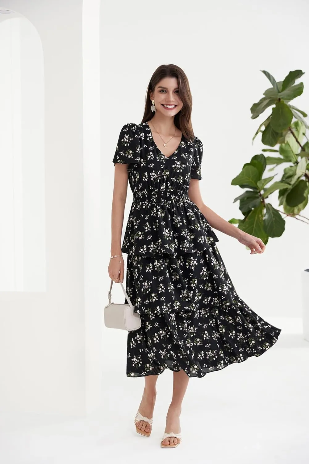 GRACE KARIN Women's 2025 Floral Summer Long Midi Dress V Neck Short Sleeve Ruffle Tiered Layered Boho Swing Dresses