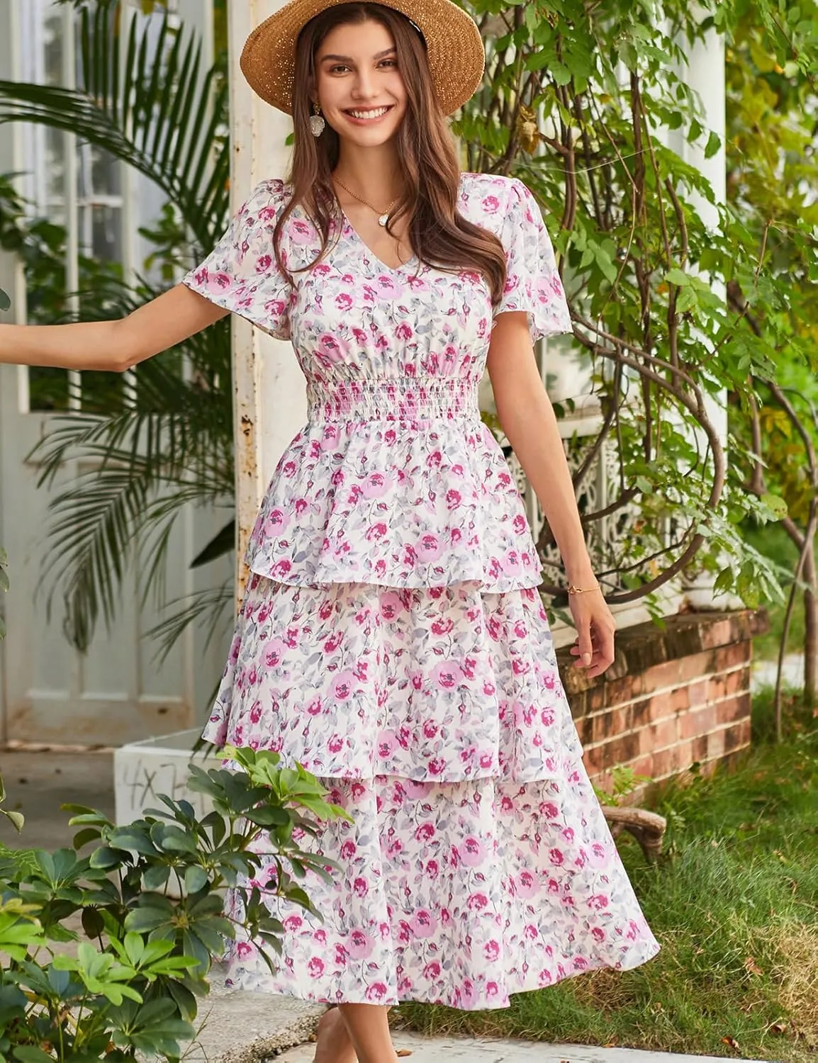GRACE KARIN Women's 2025 Floral Summer Long Midi Dress V Neck Short Sleeve Ruffle Tiered Layered Boho Swing Dresses