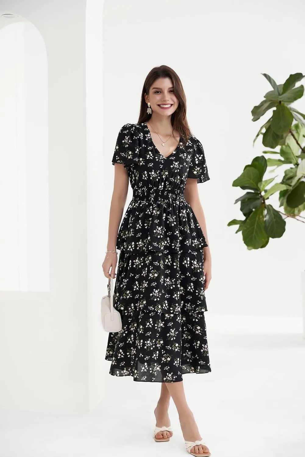 GRACE KARIN Women's 2025 Floral Summer Long Midi Dress V Neck Short Sleeve Ruffle Tiered Layered Boho Swing Dresses