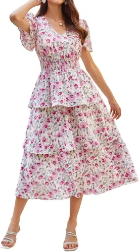 GRACE KARIN Women's 2025 Floral Summer Long Midi Dress V Neck Short Sleeve Ruffle Tiered Layered Boho Swing Dresses
