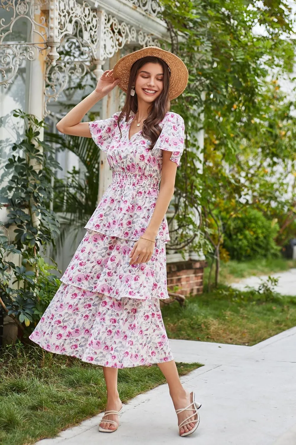 GRACE KARIN Women's 2025 Floral Summer Long Midi Dress V Neck Short Sleeve Ruffle Tiered Layered Boho Swing Dresses