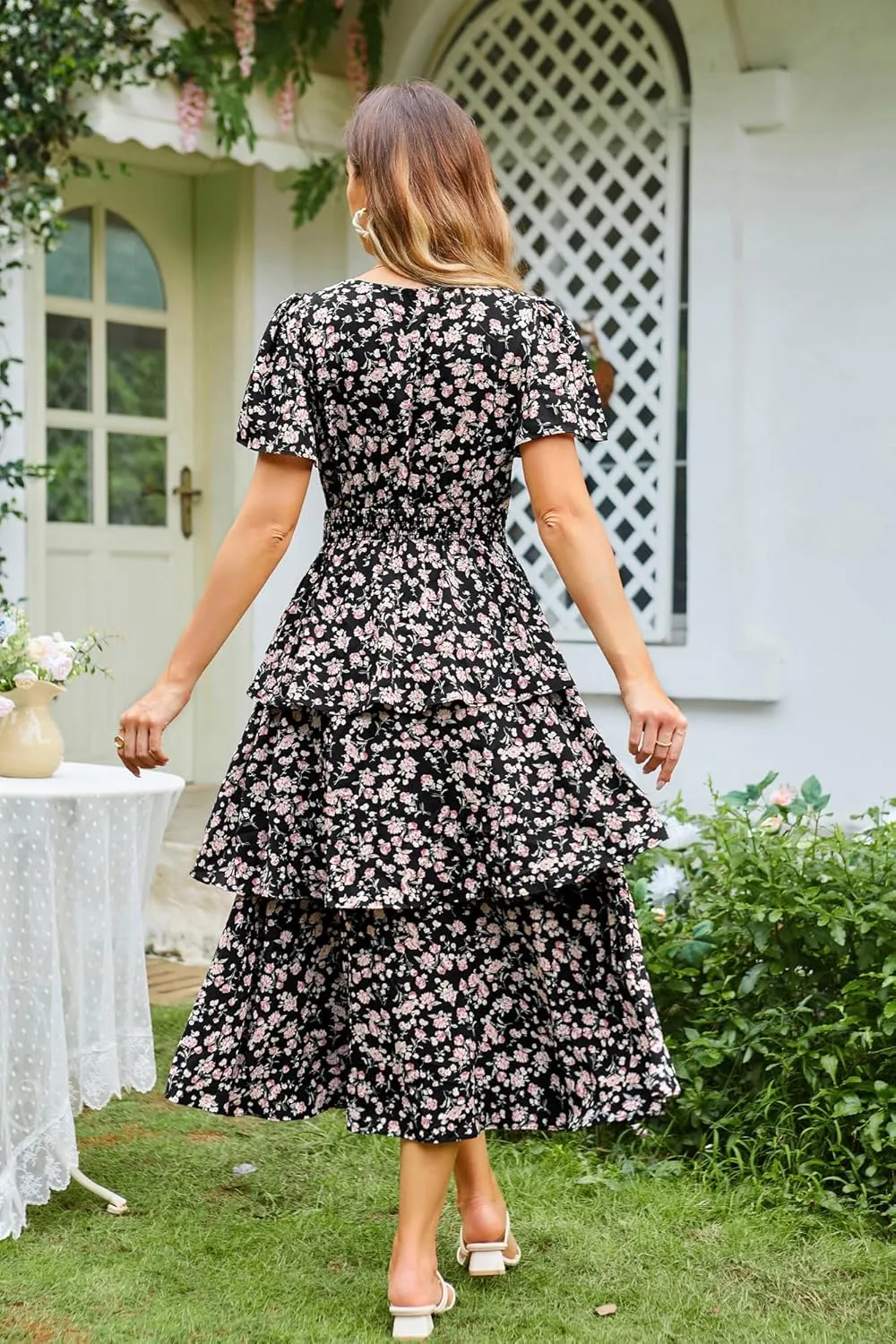 GRACE KARIN Women's 2025 Floral Summer Long Midi Dress V Neck Short Sleeve Ruffle Tiered Layered Boho Swing Dresses
