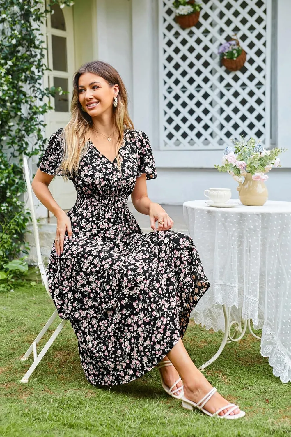 GRACE KARIN Women's 2025 Floral Summer Long Midi Dress V Neck Short Sleeve Ruffle Tiered Layered Boho Swing Dresses
