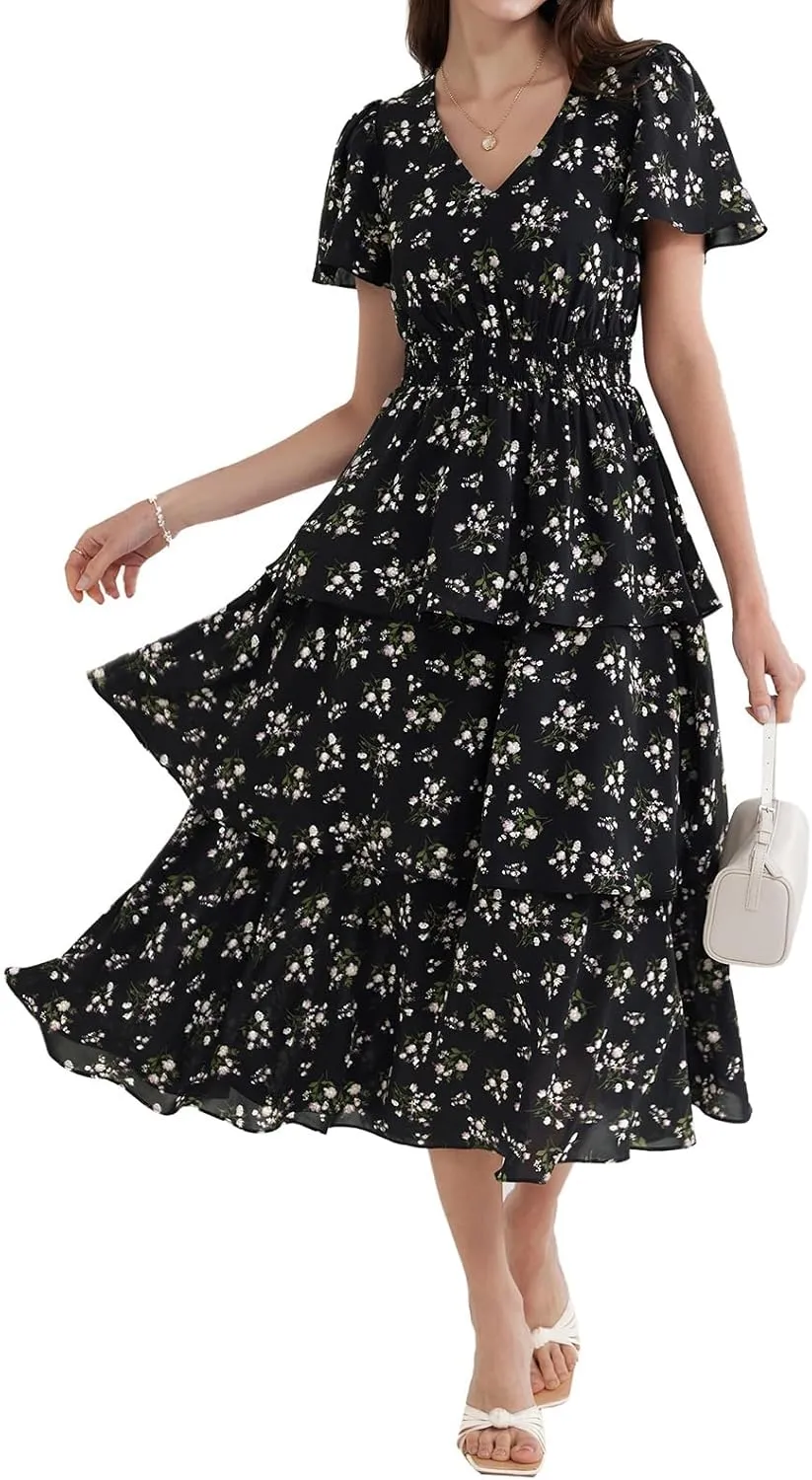 GRACE KARIN Women's 2025 Floral Summer Long Midi Dress V Neck Short Sleeve Ruffle Tiered Layered Boho Swing Dresses