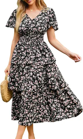 GRACE KARIN Women's 2025 Floral Summer Long Midi Dress V Neck Short Sleeve Ruffle Tiered Layered Boho Swing Dresses